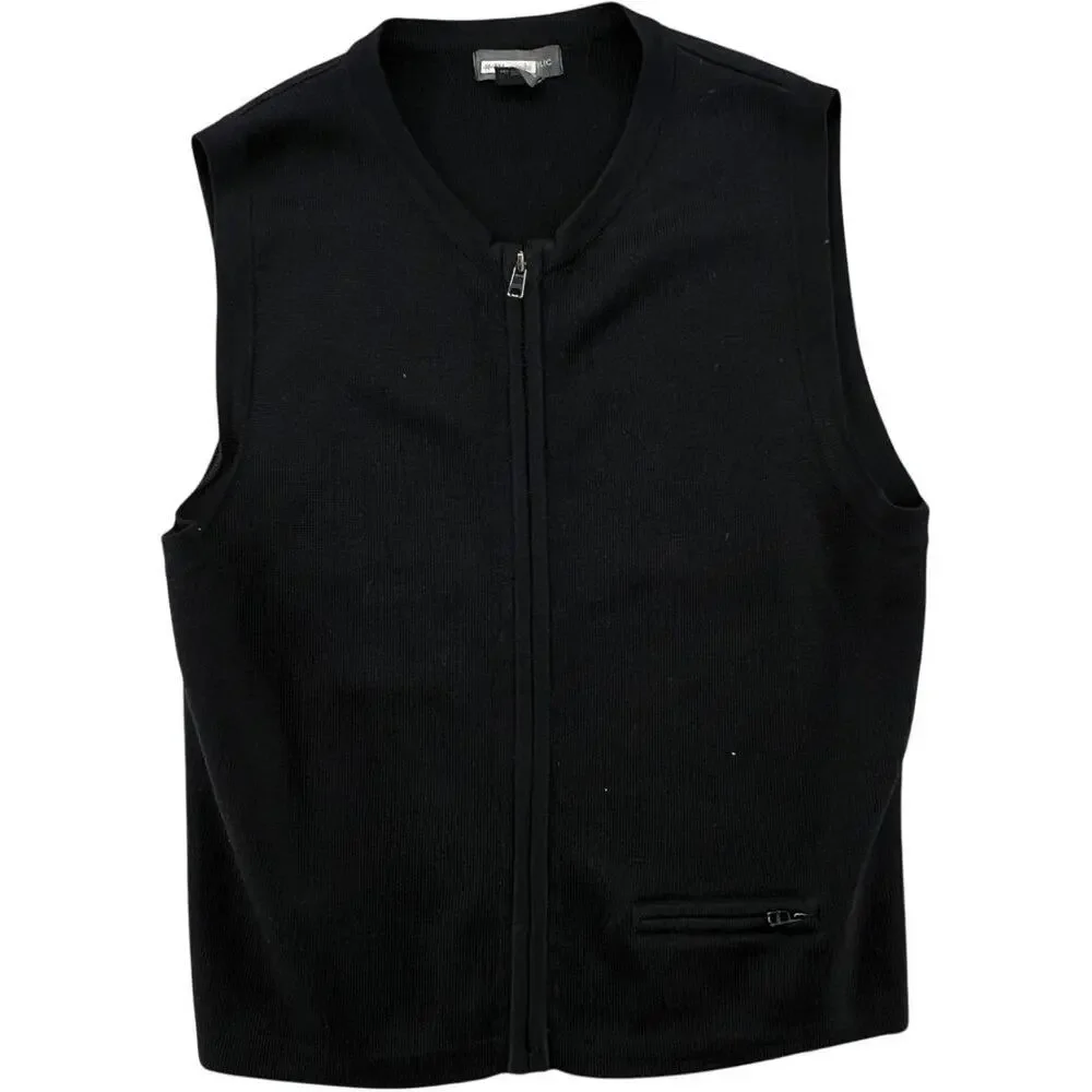Vintage Merino Wool Zip Vest Black Minimalist Knit Sleeveless L